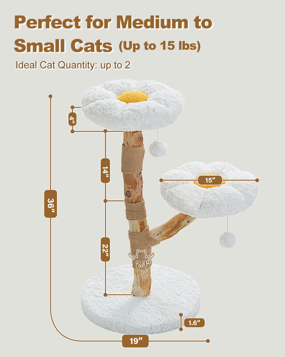 MUTTROS Wood Flower Cat Tree, Modern Cat Tower with Real Wood Branches, Luxury Boho Furniture with Scratching Post and 2 Perches, Cat Climbing Tower for Indoor Cats, Cloud White MUTTROS