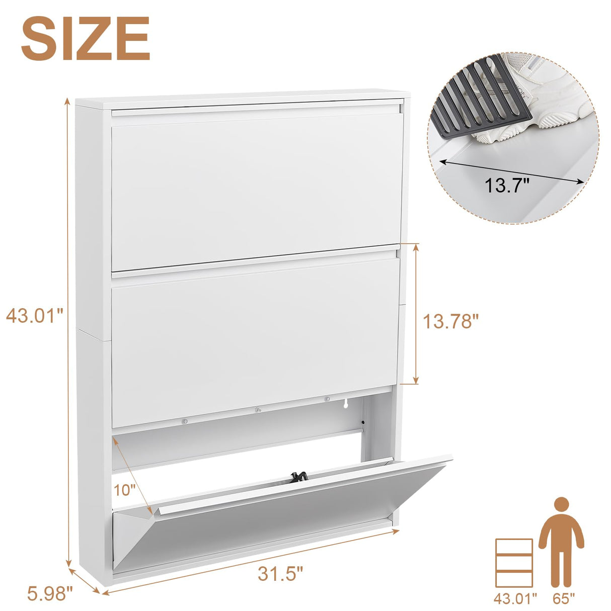 LUCYPAL Shoe Storage Cabinet with 3 Flip Drawers,Metal Wall Shoe Cabinet Storage for Entryway,Hidden Shoe Rack,Narrow Slim Shoe Organizer for Hallway, Bedroom, Apartment,White 43" H*31.5" W*6" D LUCYPAL