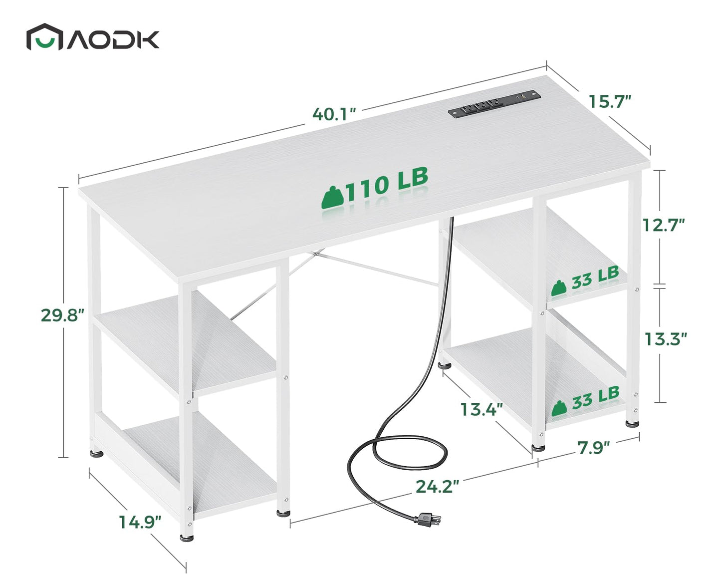 AODK 40 Inch Small Writing Desk with Power Outlets & USB Charging Port, Computer Desk for Small Spaces Home Office, Student Laptop PC Desks with Storage Shelves, Kids Desk, White