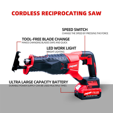 Dogtooth 21V Cordless Reciprocating Saw Kit, 3,000 Strokes Per Minute, Compatible with Makita 18V Battery, 2 * 4.0 Ah Batteries, Charger, 4 Saw Blades and Carry Case dogtooth