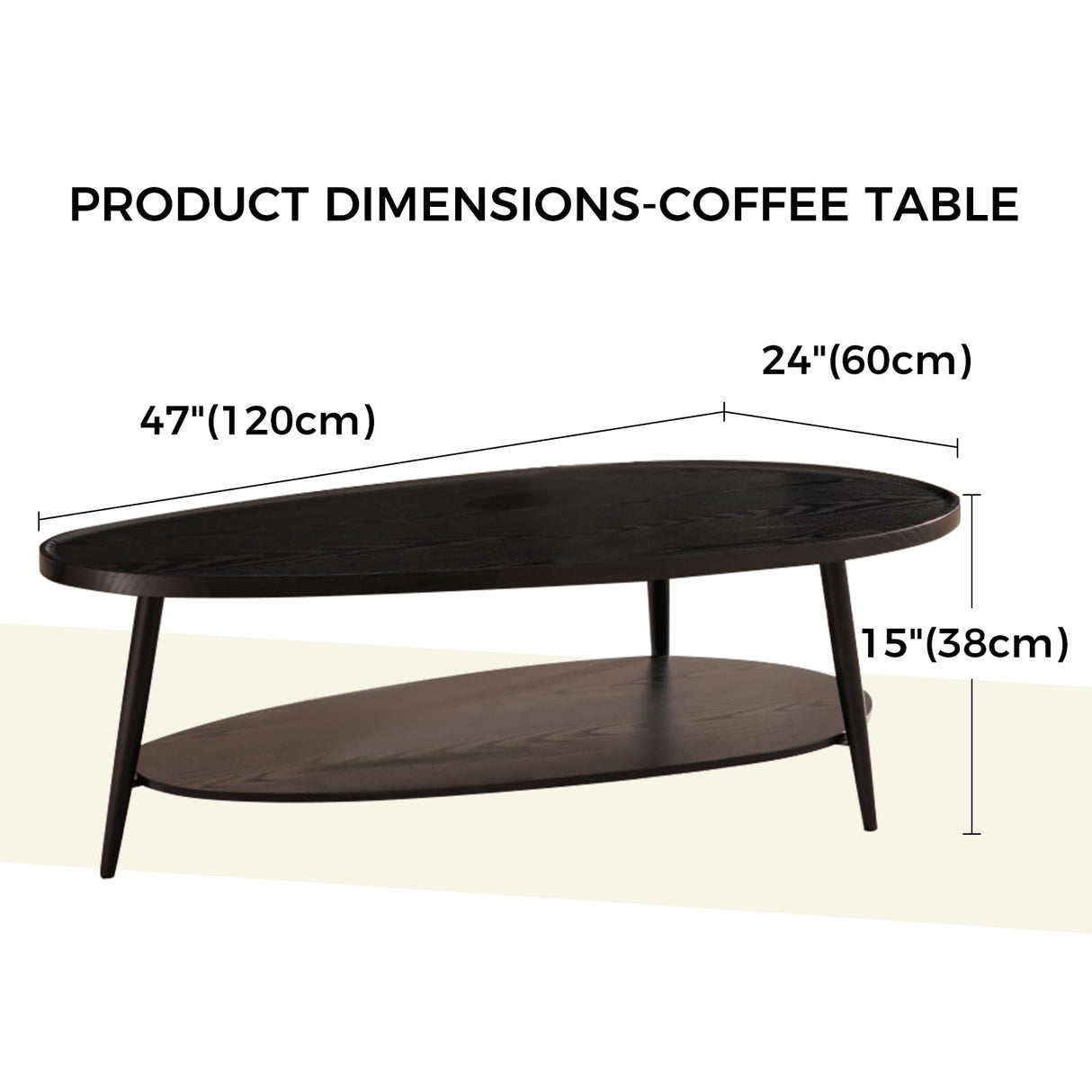 Shrine Black Oval Coffee Table, Mid-Century Modern Coffee Table, Black Walnut Wood Table for Living Room, D47''x W23.6''x H15'', Sleek Conical Metal Legs with Black Finish Shrine