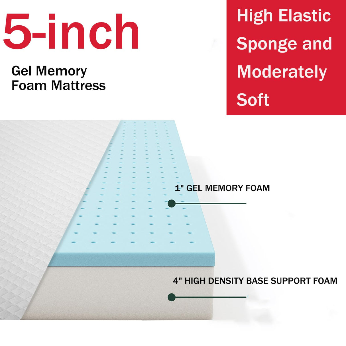 5 Inch Twin Mattress Gel Memory Foam Mattress for Cool Sleep Pressure Relief Breathable Cover Mattress Medium Firm Twin Size Mattress in a Box Cooling Gel Bed Mattresses, White WoodArtSupply