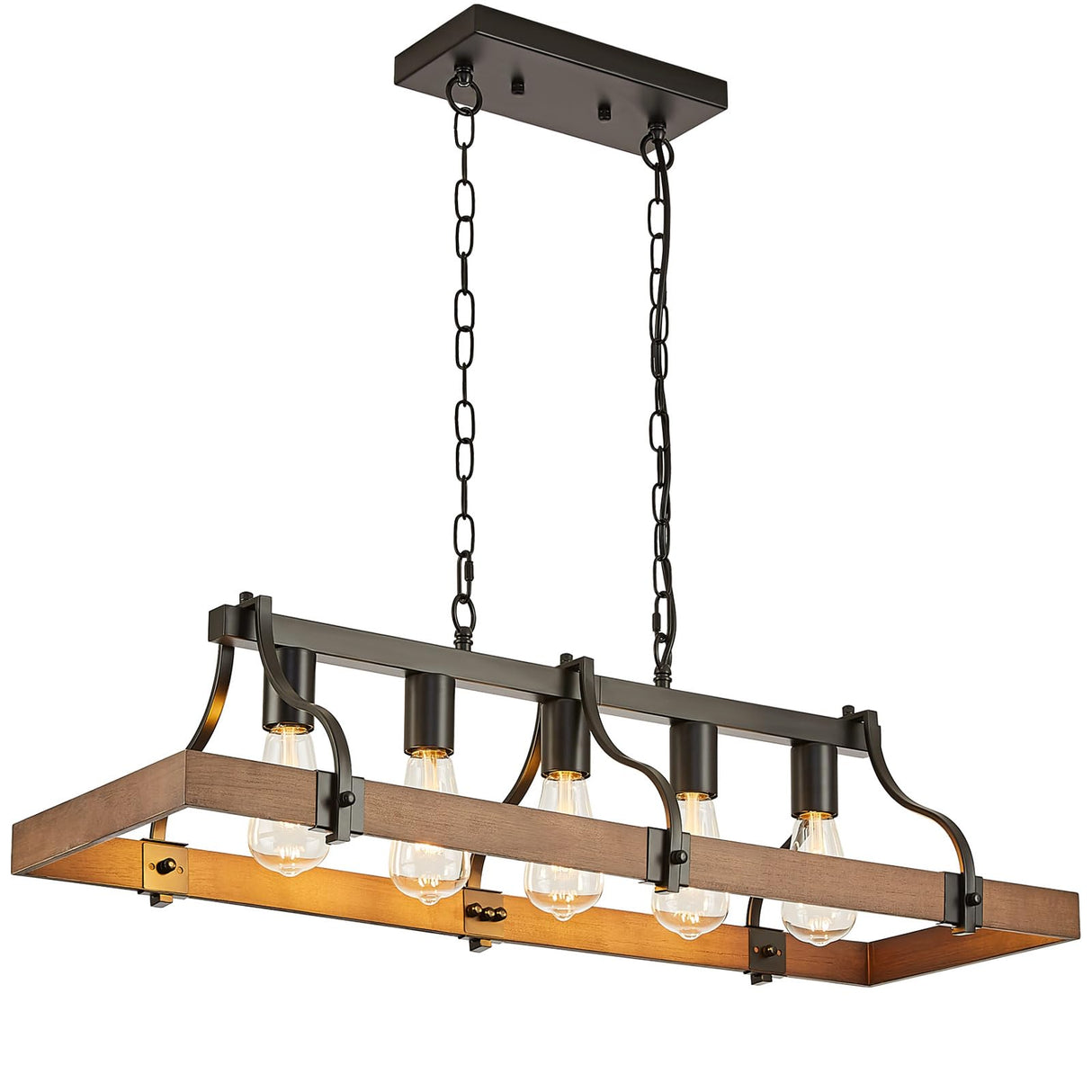 Feohak Farmhouse Chandeliers for Dining Room, 5-Light Rustic Kitchen Island Light Fixture, Wood Linear Industrial Black Rectangular Ceiling Feohak