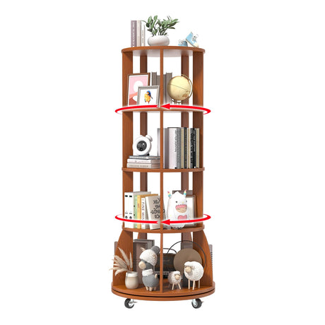 iabifo 4 Tier Rotating Bookshelf with Brake Wheels, 360° Spinning Bookcase, Vertical Floor Standing Revolving Bookshelf Organizer for Small Spaces, Corner, Living Room, Bedroom, Rustic Brown iabifo