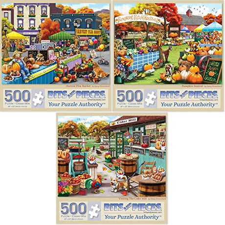 Bits and Pieces – Value Set of Three 500 Piece Jigsaw Puzzles for Adults – Harvest Flea Market, Pumpkin Festival, Visiting The Cider Mill Artist Nancy Wernersbach, Completed Puzzle Size: 18" x 24" Bits and Pieces