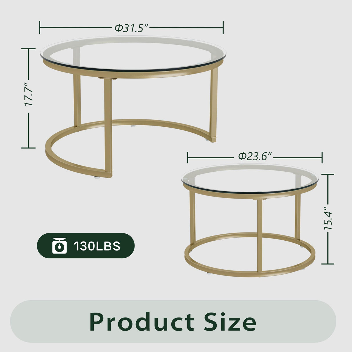 Furnivado 31.5" Nesting Coffee Table Set of 2, Round Nesting Coffee Tables with Tempered Glass Top, End Tables with Metal Frame for Living Room, Bedroom, Transparent Glass Furnivado