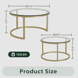 Furnivado 31.5" Nesting Coffee Table Set of 2, Round Nesting Coffee Tables with Tempered Glass Top, End Tables with Metal Frame for Living Room, Bedroom, Transparent Glass Furnivado