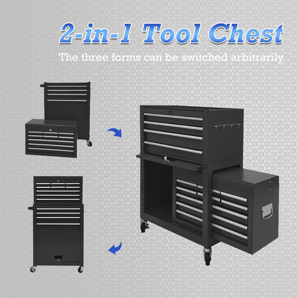 Kirmosal 13 Drawer Tool Chest,Toolbox with Wheels, Rolling Tool Cabinets with Drawers, Top Detachable Tool Chest with Hooks Handles for Workshop Mechanical Garage - Black Kirmosal