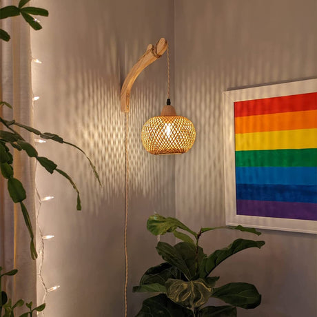 Frideko Bamboo Lantern Plug in Wall Sconces Wicker Wall Lamp with Plug in Cord Hand Woven Rattan Wall Light Farmhouse Rustic Wall Sconces Boho Sconces Wall Lighting for Living Room Bedroom FRIDEKO HOME