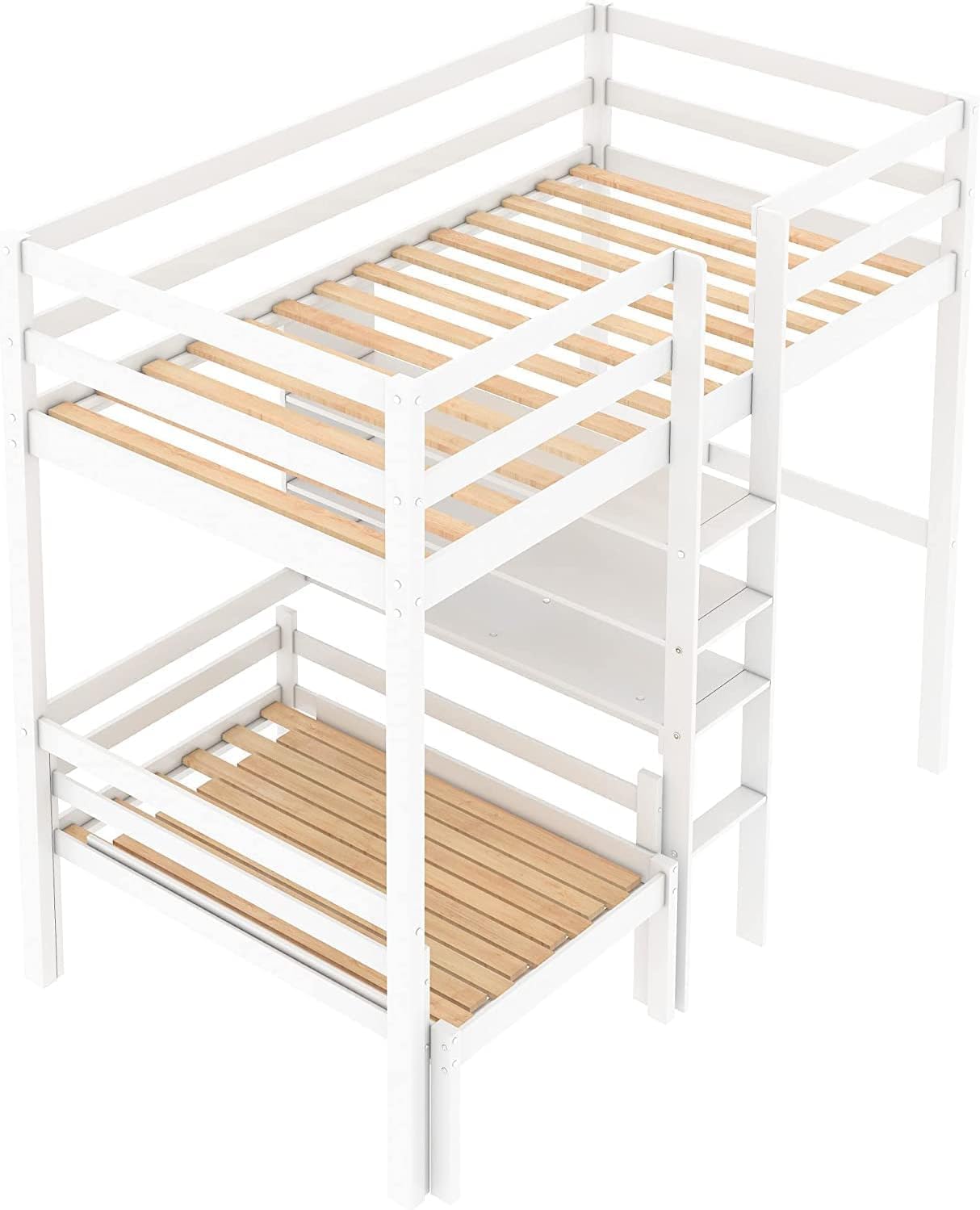 MERITLINE Twin Loft Bed with Versatile Desk and Bookshelf in White - WoodArtSupply