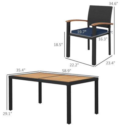 Outsunny 7 Pieces Patio Dining Set with Space-Saving Design, Wicker Patio Furniture Set Outdoor Dining Set with Acacia Wood Table Top, Cushions, for Backyard, Balcony, Garden, Deck, Black - WoodArtSupply