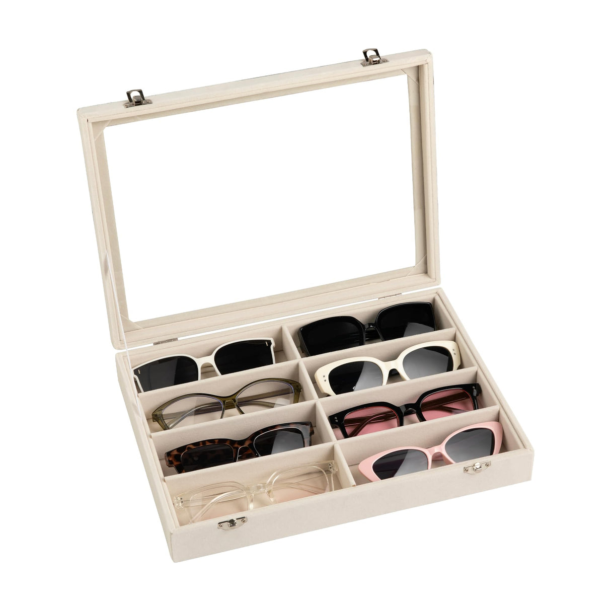 Frebeauty Sunglass Organizer,Velvet Glasses Organizer,8-Slot Sunglasses Tray with Clear Lid,Men's/Women's Sunglasses Box,Sunglass Case,13.3 x 9.6 x 2.2 Inches,Eyeglass/Eyewear Display Tray(Beige) Frebeauty