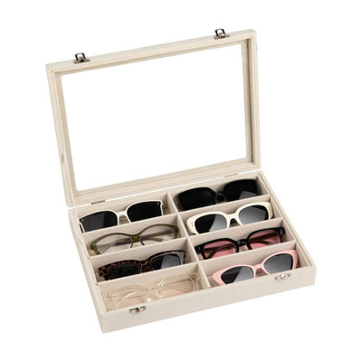 Frebeauty Sunglass Organizer,Velvet Glasses Organizer,8-Slot Sunglasses Tray with Clear Lid,Men's/Women's Sunglasses Box,Sunglass Case,13.3 x 9.6 x 2.2 Inches,Eyeglass/Eyewear Display Tray(Beige)