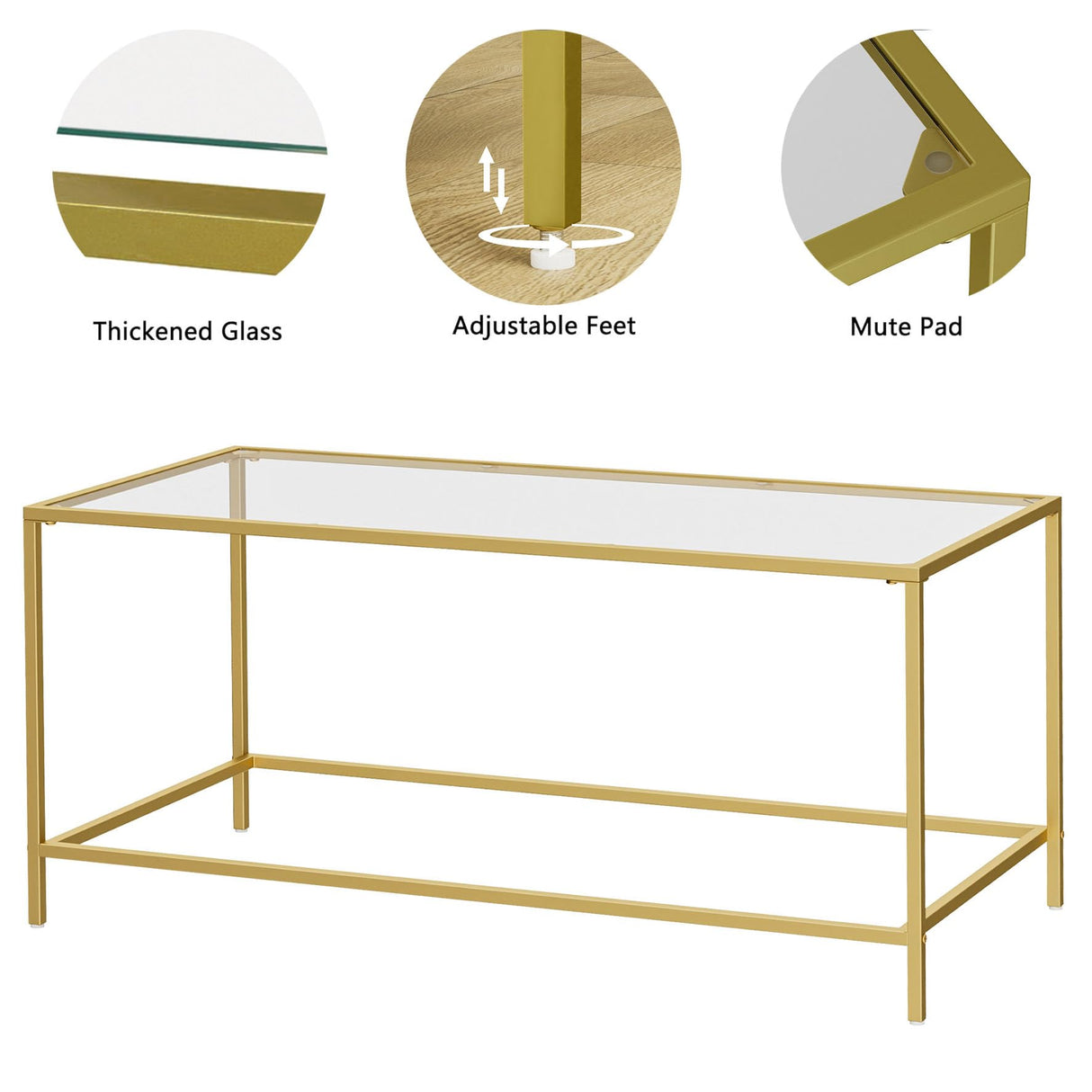 Homleke Glass Coffee Table, Modern Rectangular Coffee Table for Living Room, Minimalist Center Tea Table with Sturdy Metal Frame for Apartment, Office, Easy Assembly, 39.4 x 19.7 x 17.7 Inches, Golden Homleke