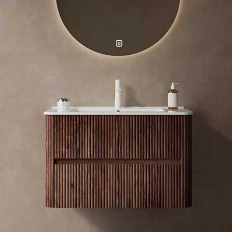 30" Bathroom Vanity with Sink, Modern Floating Vanity with 2 Push Close Soft Close Drawer, Ceramic Basin with Sink Hole Cover and Drain, Oak & Plywood-Bruges, Retro Walnut RAINLUX