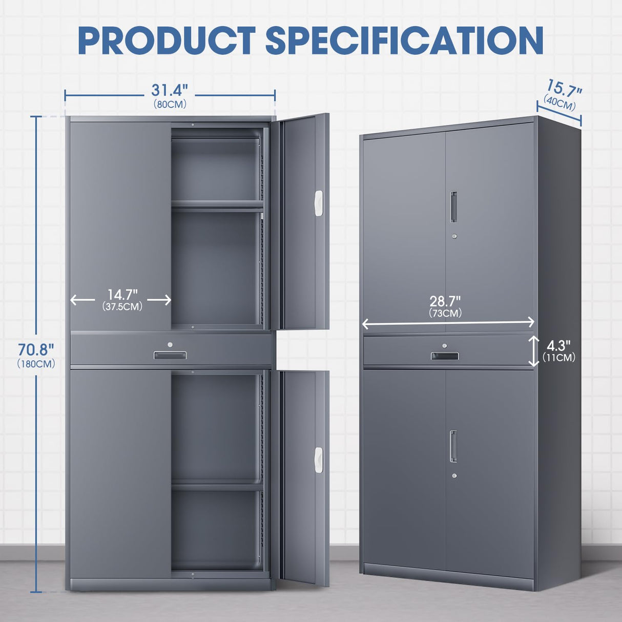 DNA MOTORING 71'' Metal Storage Cabinet, Locking Tool Cabinet with 1 Drawer and Adjustable Shelves, Lockable Heavy Duty Metal Locker for Garage,Office,Home,Gym, Gray, TOOLS-00629-GY-GY-A DNA MOTORING
