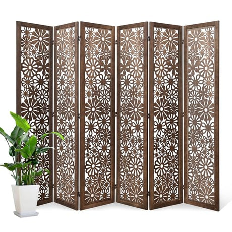 Folding Wood Room Divider Panel, 5.6 FT Tall Daisy-Carved Privacy Screen - Decorative Flower Carved Room Partition, No-Assembly Required, Ideal for Home and Office (6 Panel Brown) Svimi