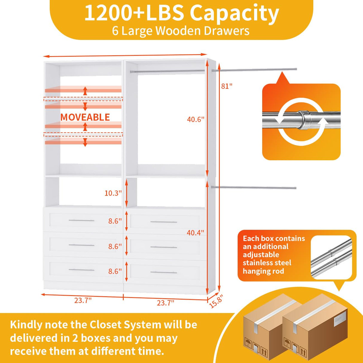 Secilix Closet System with 6 Drawers, 48" Wood Closet Organizer System, Walk-in Closet or Small Closet System with Shelves, Modular Closet Systems with 3 Expandable Hanging Rods, 2 Sets, White (4FT) secilix