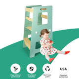 WOOD CITY Kitchen Step Stool - Safe Montessori Standing Tower for Kids with Safety Rail, Height Adjustable Toddler Ideal Helper for Learning New Skills, Anti-Slip Protection for Bathroom - Green… WOOD CITY