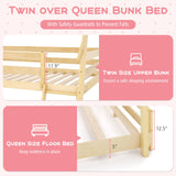 Costzon Twin Over Queen Bunk Bed, House Shaped Bed Frame with Climbing Nets and Ramp, Safety Guardrail, No Box Spring Needed, Wooden Kids Bed for Boys Girls (Natural, Twin Over Queen) Costzon