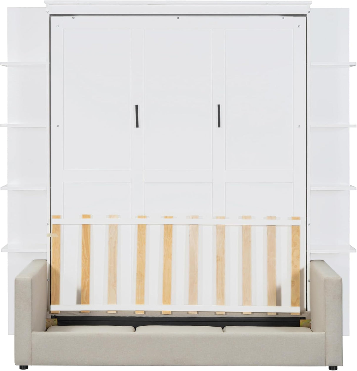 Virubi Queen Murphy Bed with Couch and Storage Shelves,Wood Murphy Bed Cabinet with Storage Shelves and Sofa,Folding Murphy Wall Bed Queen Size (White) Virubi