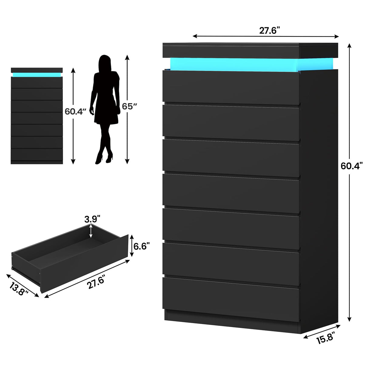 HAUOMS Tall 7 Drawer Dresser with LED Light, Black Modern Chest of Drawers for Bedroom,Closet Dressers with Drawers for Living Room, Entryway, Hallway HAUOMS