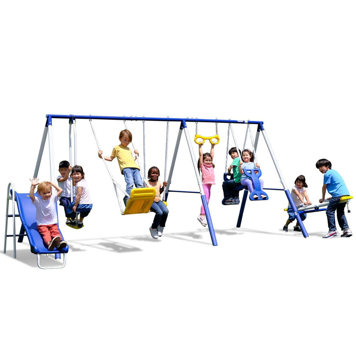 Sportspower Super 9 Metal Swing Set: Teeter Totter, 2 Kid Glide Ride Swing/Roman Glider Swing, Standing Swing + Trapeze Bar, Blow Molded Swing + 5' Wavy Slide Bonus 4pc Anchor Kit*, Blue/Yellow Sportspower