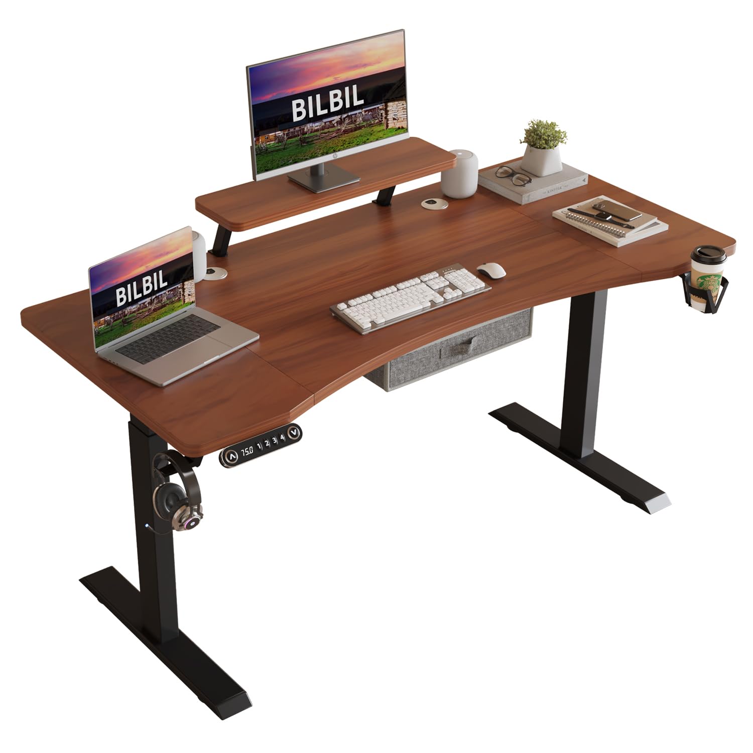 bilbil Dual Motor Electric Standing Desk with Drawer, 63x30 Inches Adjustable Height Sit Stand Up Desk with Storage Shelf, Home Office Desk Computer Workstation with Dark Walnut Top/Black Fra - WoodArtSupply