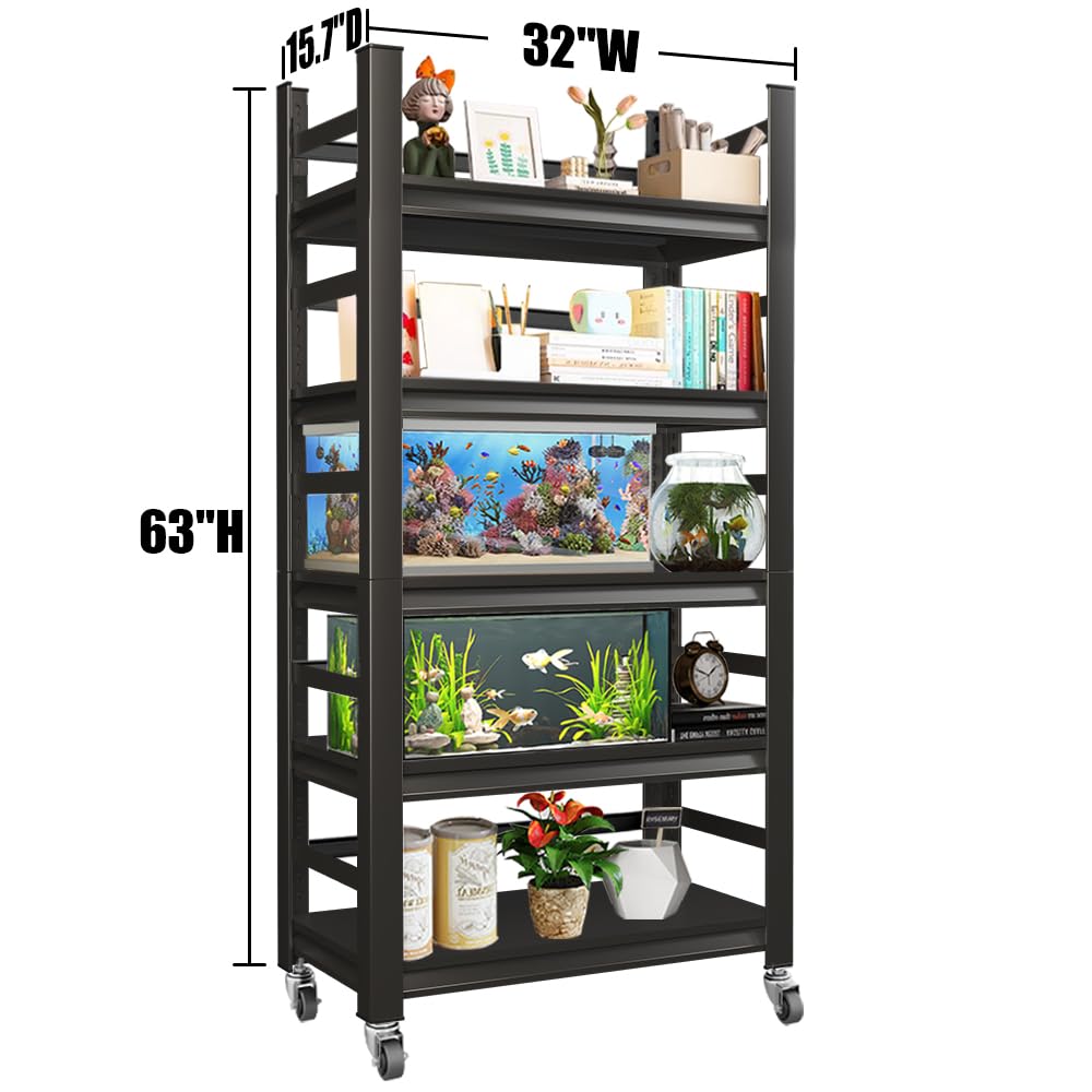 BEESTMUEBLE 55-90 Gallon Fish Tank Stand, Metal Aquarium Stand, Adjustable Heavy Duty Reptile Tank Stand, Sturdy 5-Tier Fish Tank, Modern Shelf for Living room (With Wheels-32 W*15.7" D*63" H) BEESTMUEBLE