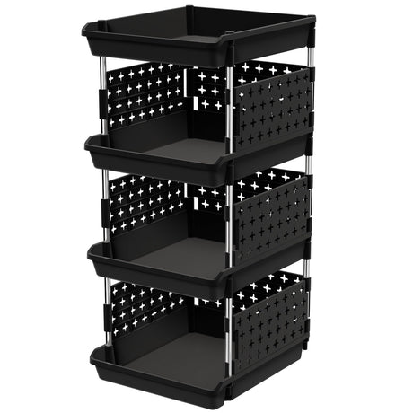 Lifewit Plastic Stackable Storage Baskets, 4 Tier Stacking Bins 13.8"D x 11.8"W x 28.3"H, Large Capacity Multi-Functional Containers Shelves for Pantry, Playroom, Kitchen and Bedroom, 1 Pack, Black Lifewit
