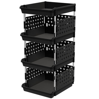 Lifewit Plastic Stackable Storage Baskets, 4 Tier Stacking Bins 13.8"D x 11.8"W x 28.3"H, Large Capacity Multi-Functional Containers Shelves for Pantry, Playroom, Kitchen and Bedroom, 1 Pack, Black