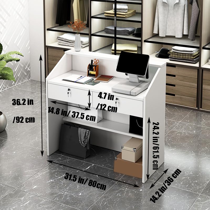 Reception Desk with Counter, Modern Front Desk with Lockable Drawers, White Retail Counter for Checkout Salon, Lobby, Store, Small Wood Cashier Table with Cable Grommet (White, 31x 14 x 36 inches) TEENKON