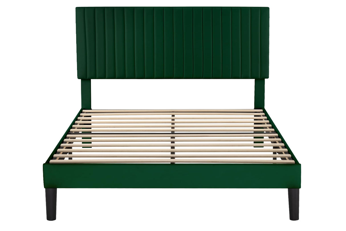 Allewie Full Bed Frame, Velvet Upholstered Platform Bed with Adjustable Vertical Channel Tufted Headboard, Mattress Foundation with Strong Wooden Slats, Box Spring Optional, Easy Assembly, Green Allewie