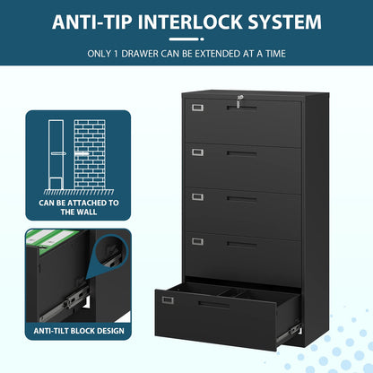 MIIIKO Lateral File Cabinet with Lock, 5 Drawer Metal File Cabinets 35.4" Wide, Home Office Locking Filing Cabinets for Legal Letter File Folders - WoodArtSupply