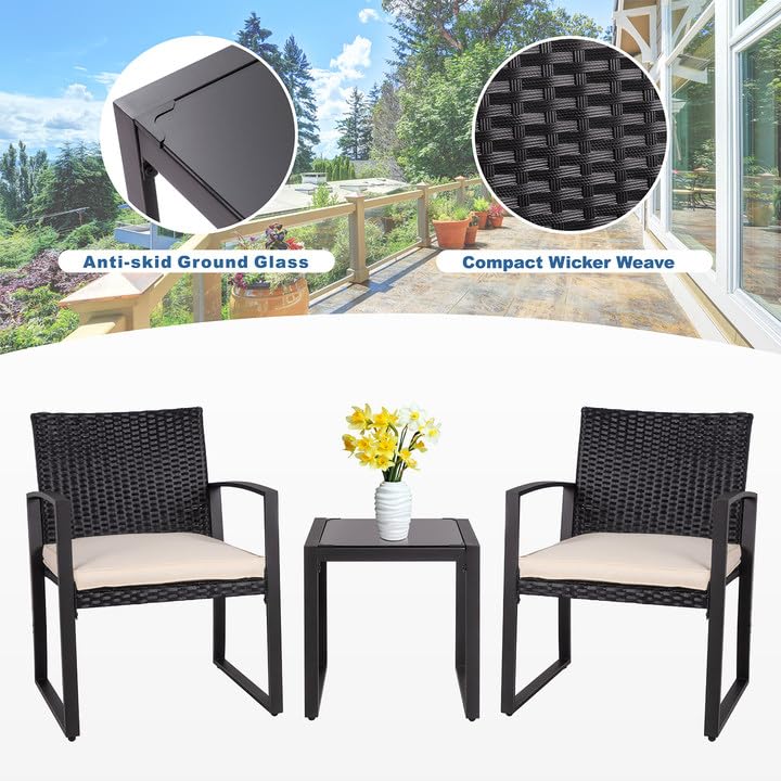 Shintenchi 3 Pieces Outdoor Patio Furniture Set Modern Black Wicker Bistro Set Rattan Chair Conversation with Coffee Table for Yard Porch Poolside Lawn(Beige) - WoodArtSupply