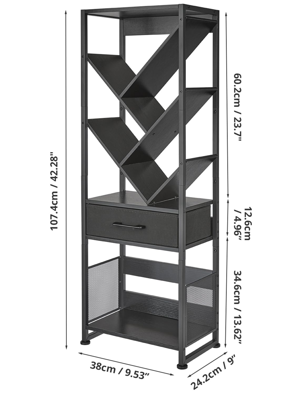 ZEXVIDA Bookshelf with Drawer,8 Tier Tree Bookcase Retro Floor Standing Bookshelves,Tall Wood Bookcases with Cabinet Storage Organizer for Living Room, Bedroom & Home Office, Black ZEXVIDA