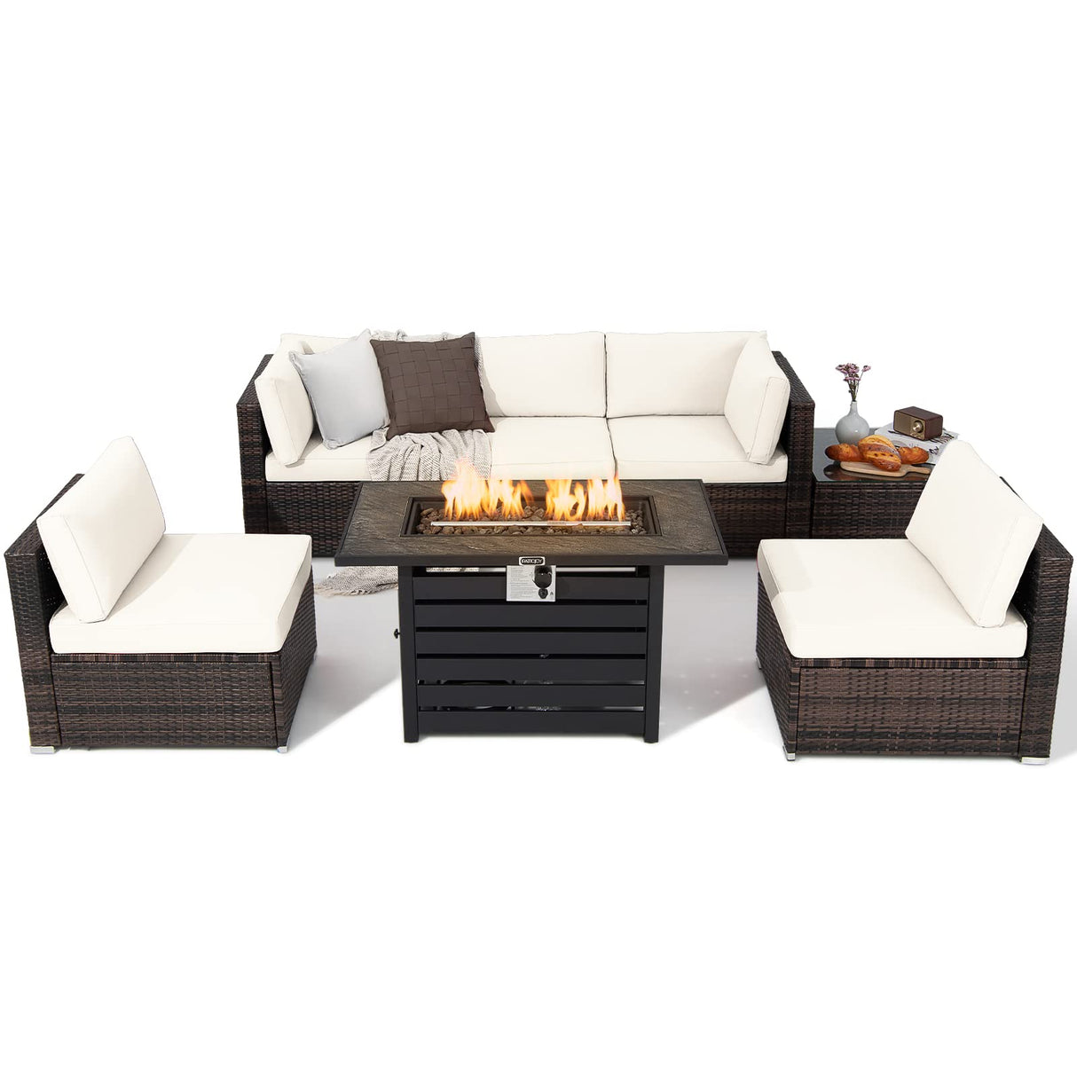 Tangkula 7-Piece Outdoor Patio Furniture Set with 42" Propane Fire Pit Table, Outdoor Wicker Conversation Set with Cushions and Tempered Glass Coffee Table, 50,000 BTU Gas Fire Pit Table (Off White) Tangkula