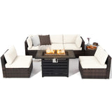Tangkula 7-Piece Outdoor Patio Furniture Set with 42" Propane Fire Pit Table, Outdoor Wicker Conversation Set with Cushions and Tempered Glass Coffee Table, 50,000 BTU Gas Fire Pit Table (Off White) Tangkula