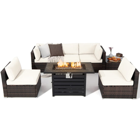 Tangkula 7-Piece Outdoor Patio Furniture Set with 42" Propane Fire Pit Table, Outdoor Wicker Conversation Set with Cushions and Tempered Glass Coffee Table, 50,000 BTU Gas Fire Pit Table (Off White) Tangkula