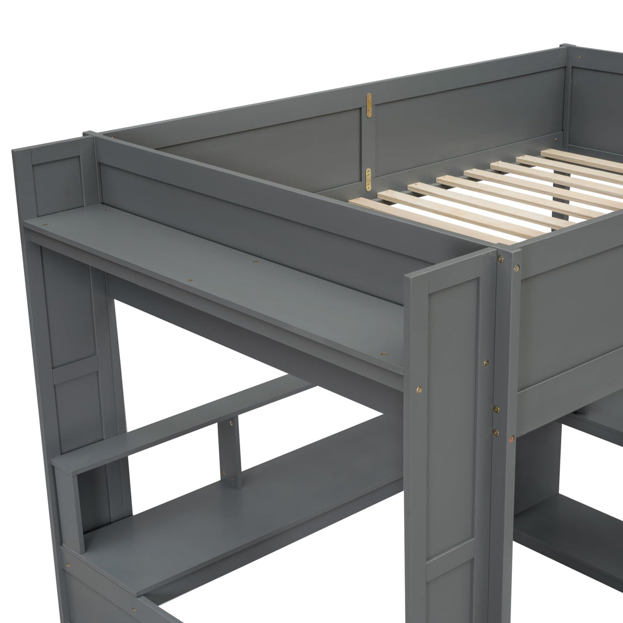 Wood Full Size Gaming Loft Bed with Desk, Multifunctional Gaming Bed with Multi-Storage Shelves, LED and Charging Station, Guardrail and Ladder, High Loft Bedframe for Teens Adults, Dark Gray Janusline