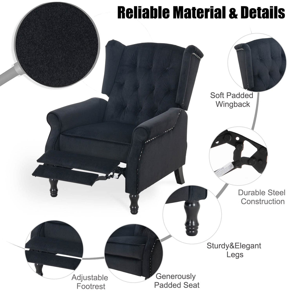 Altrobene Velvet Accent Chair, Push Back Recliner Chair, Wingback Arm Chair for Living Room/Bedroom/Home Theater/Reception Area, Black Altrobene