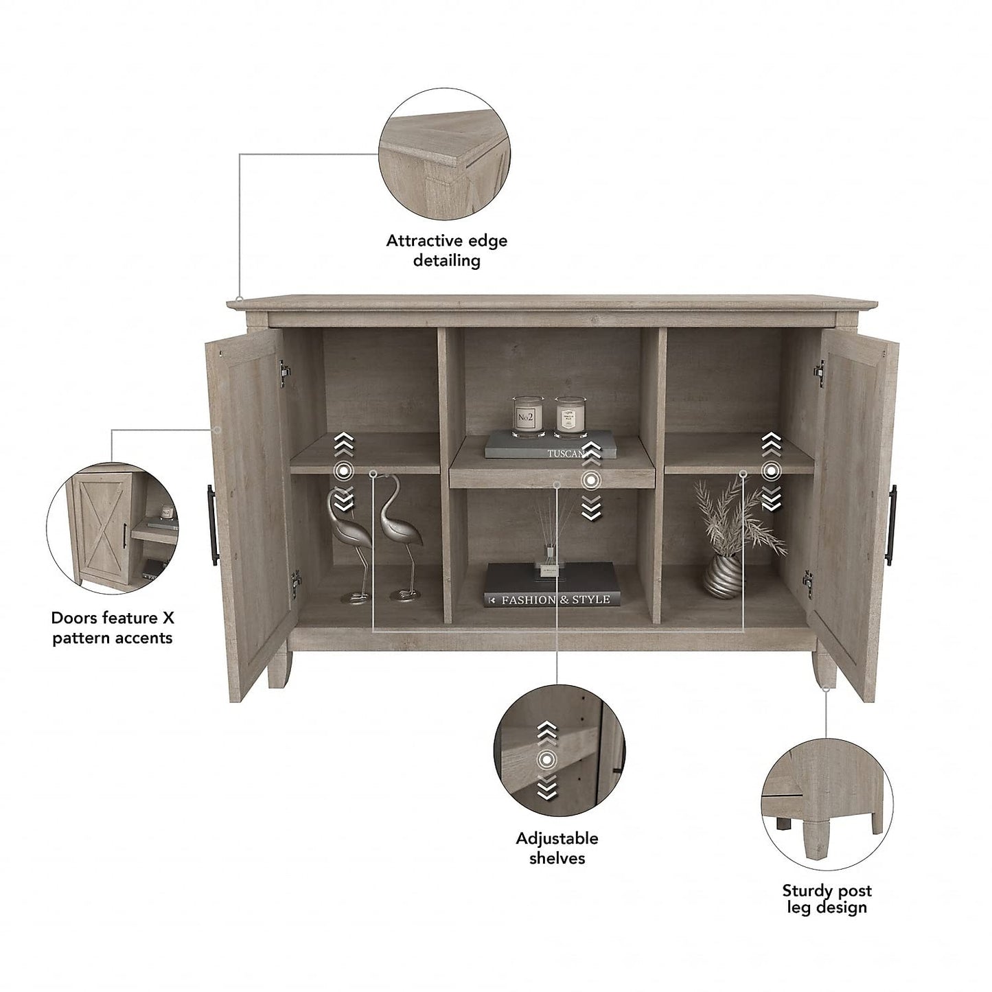 Bush Furniture Key West 30-inch Accent Cabinet with Doors and 4 Shelves, Washed Gray (KWS146WG-03)