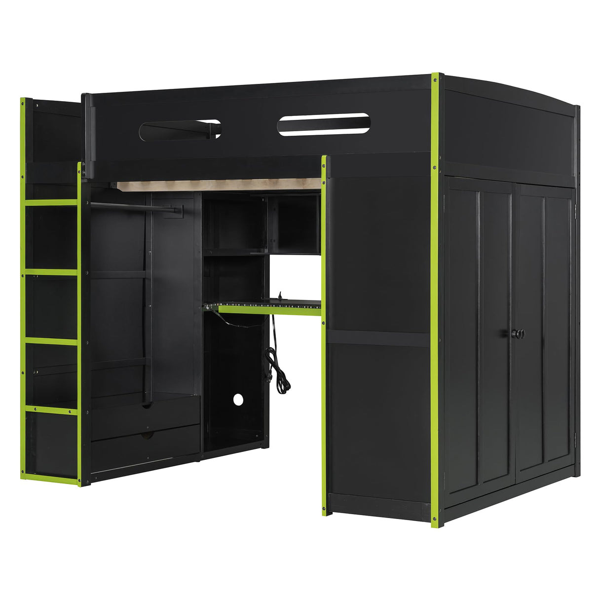 SOFTSEA Full Size Gaming Loft Bed with Desk, Wood Loft Bunk Bed with Wardrobe, Drawers, LED Light & USB Ports, Full Gaming Bed with Desk Underneath and Storage, Green & Black SOFTSEA