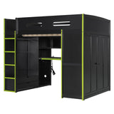 SOFTSEA Full Size Gaming Loft Bed with Desk, Wood Loft Bunk Bed with Wardrobe, Drawers, LED Light & USB Ports, Full Gaming Bed with Desk Underneath and Storage, Green & Black SOFTSEA