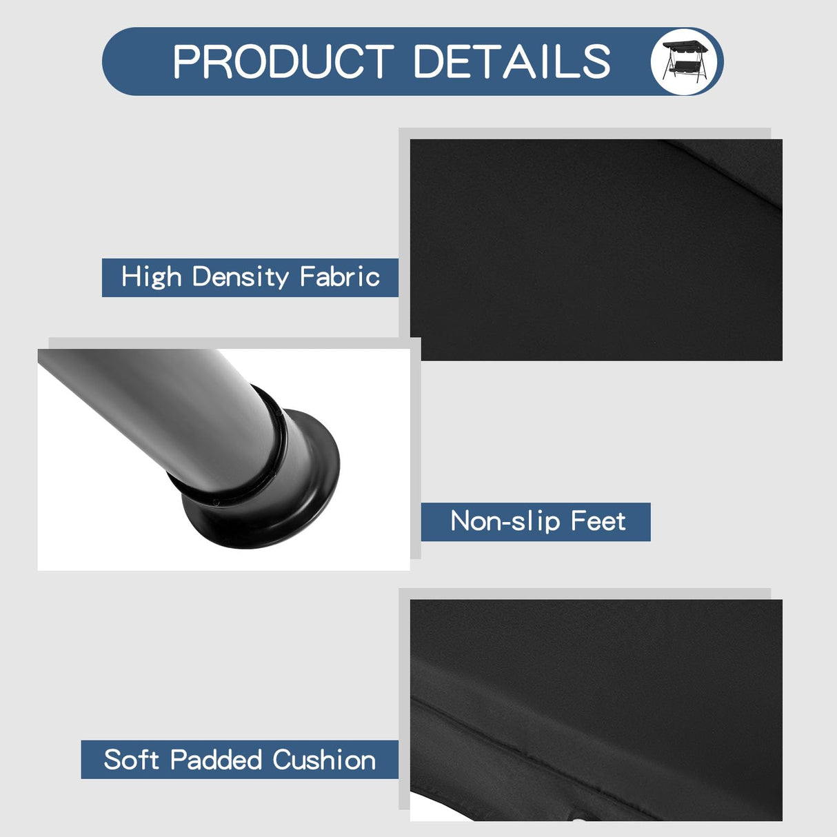 Esright Patio Swings Outdoor, 2-Seat Glider Porch Bench with Removable Cushion and Adjustable Shade, Swing Chairs for Garden, Poolside&Backyard, Black Esright