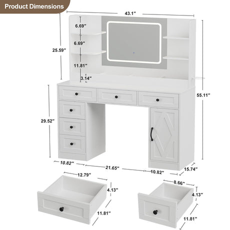COMHOMA Makeup Vanity Desk with Mirror and Lights, Large Vanity Table with 6 Drawers & 1 Storage Cabinet, White Bedroom Dresser Table for Girls, 3 Color Modes Adjustable Mirror, White COMHOMA