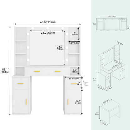 YITAHOME Makeup Vanity with Mirror and Lights, Vanity Desk Ensemble with Power Dock, Dressing Table with Drawers and Shelf, cabinets, Adjustable Brightness in 3 Light Modes, Bedroom, Pure Whi - WoodArtSupply