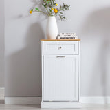 Tilt Out Trash Cabinet, Freestanding Wooden Kitchen Trash Recycling Cabinet with Drawer & Removable Cutting Board, Dog Proof Trash Can Cabinet, White Gitua