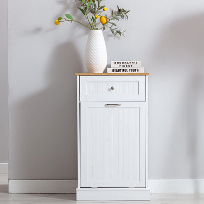 Tilt Out Trash Cabinet, Freestanding Wooden Kitchen Trash Recycling Cabinet with Drawer & Removable Cutting Board, Dog Proof Trash Can Cabinet, White - WoodArtSupply