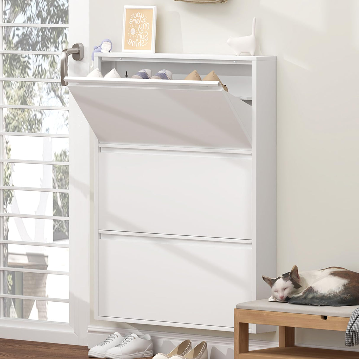 GREATMEET Shoe Cabinet Storage for Entryway, Narrow Shoe Storage Cabinet for Entryway Slim, White Metal Hidden Shoe Cabinet with 3 Flip Drawers, Wall Mounted GREATMEET